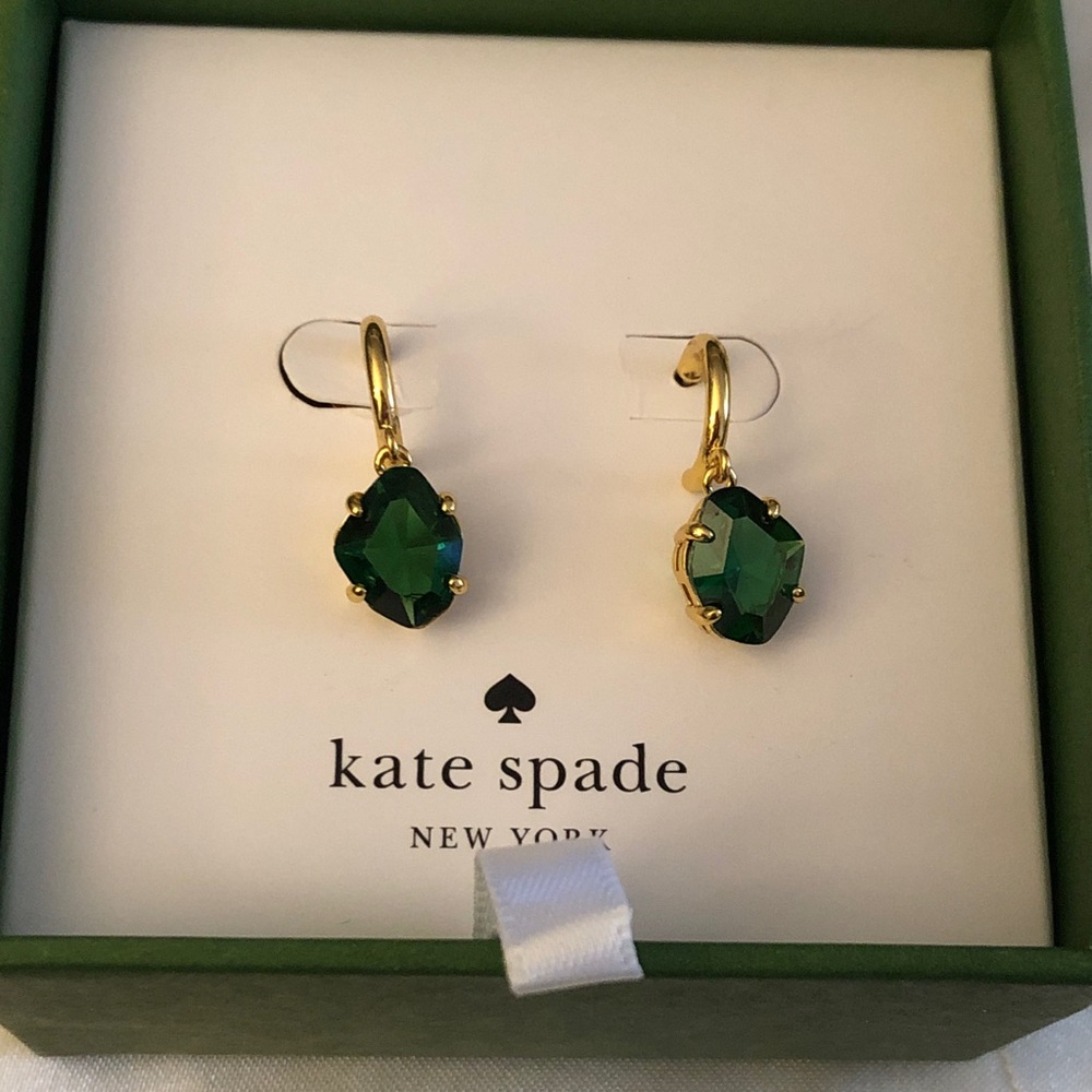 Kate Spade Treasure Trove Gold Tone & Green CZ Huggie Hoop Drop Earrings NWT